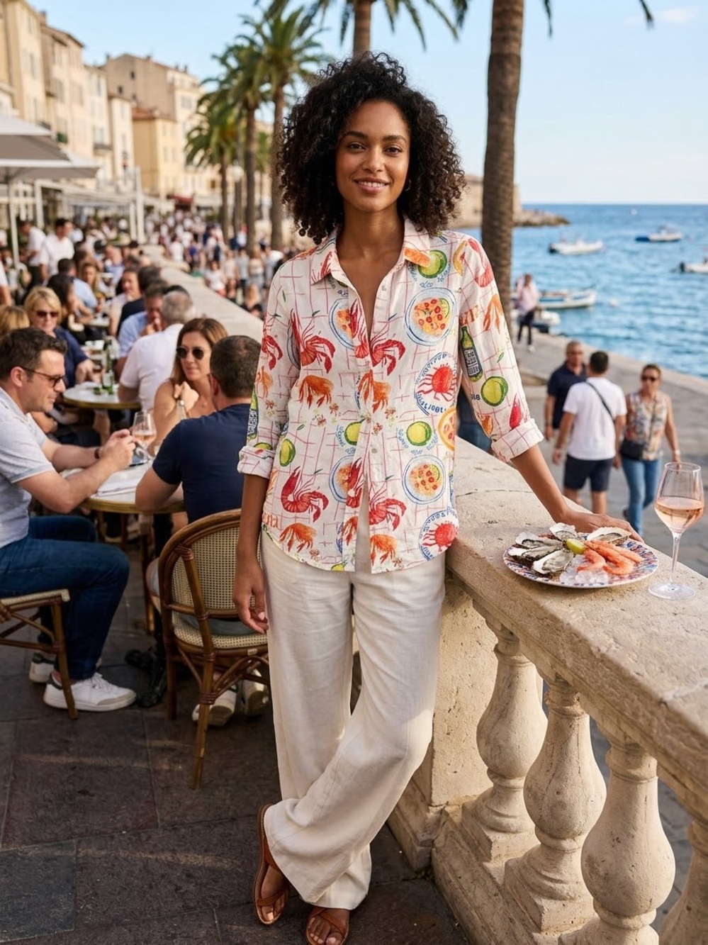 Calypso St. Barth White Linen-Blend Seafood & Citrus Print Button-Down Shirt